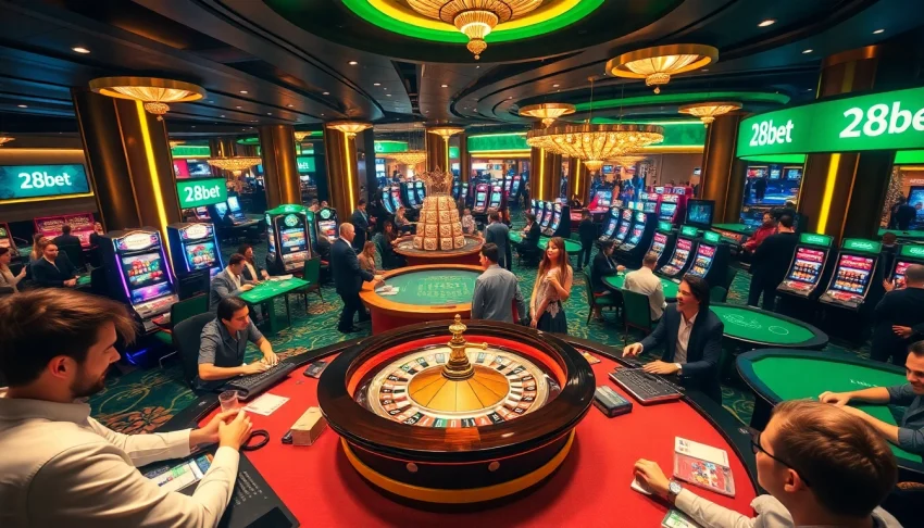 Players enjoying the excitement at a 28bet casino, with roulette and slot machines in view.