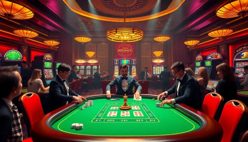 Experience the thrill at nhà cái 88aa with an engaging poker table surrounded by vibrant slot machines.