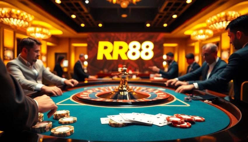 Experience the thrill of RR88 at the luxurious casino table with vibrant roulette and poker action.