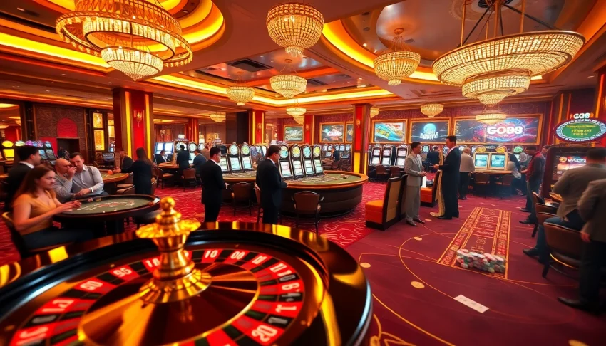 Experience the thrill of gaming at GO88 with vibrant casino tables and eager players.