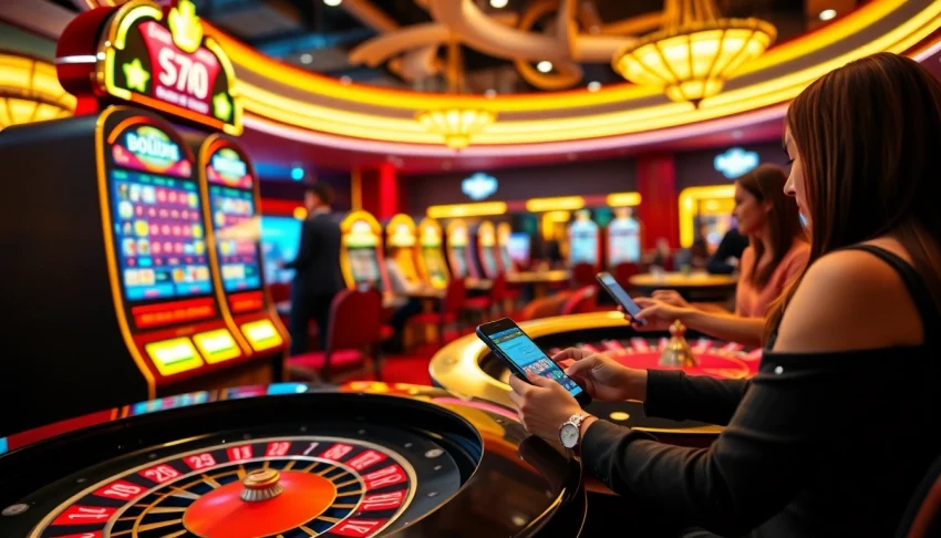 Visuel captivant du meilleur casino en ligne avec joueurs engagés et ambiance luxueuse