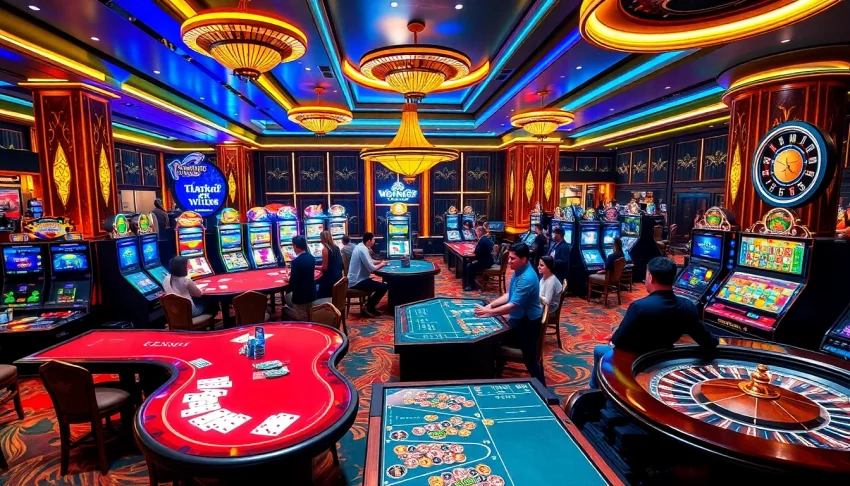 Engaging casino atmosphere featuring Trang chủ sin88 with poker tables and slot machines.