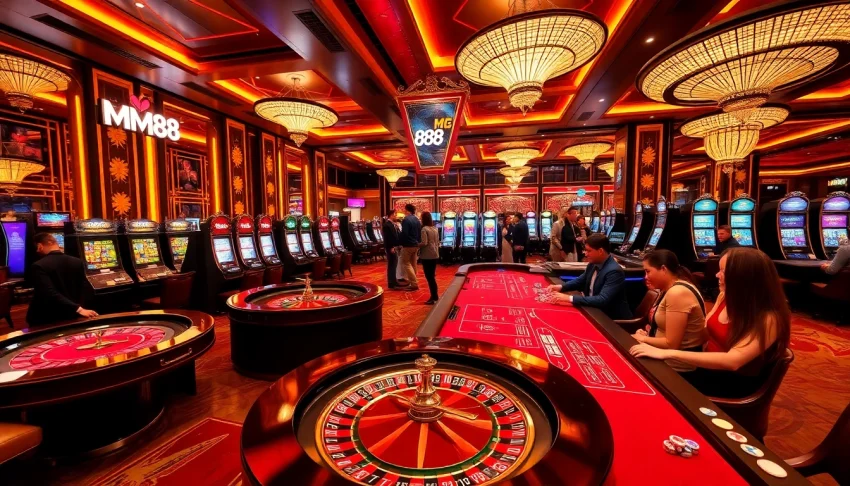 MM88 branded roulette wheel and excited players celebrating wins in a luxurious casino setting.