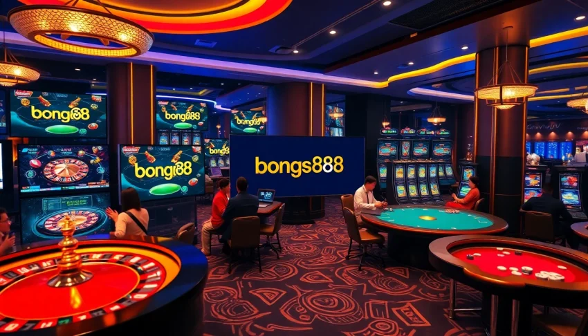 Bong88 trang chủ showcases an engaging casino experience with vibrant tables and players enjoying their bets.