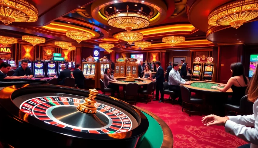 F168 casino scene showcasing vibrant gambling tables and excited players.