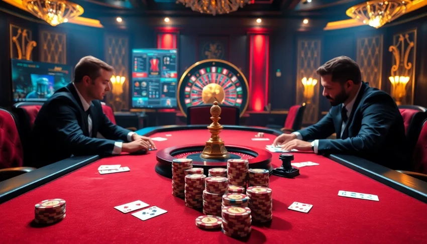 Experience the thrilling atmosphere of gaming at lucky88 trang chủ with poker champions and elegant casino decor.