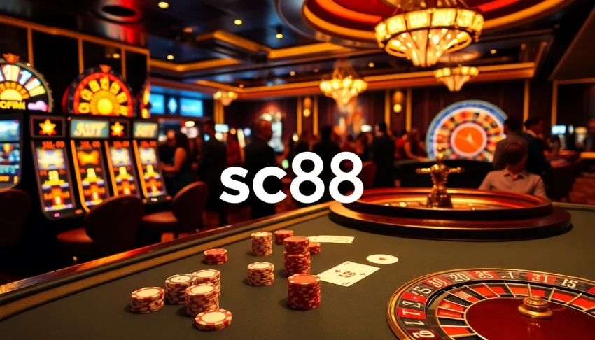 Engaging scene of a poker table at SC88 casino, with high-stakes chips and excited players.