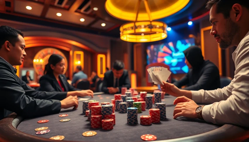 A luxurious poker scene depicting nhà cái uy tín with vibrant chips and engaged players.