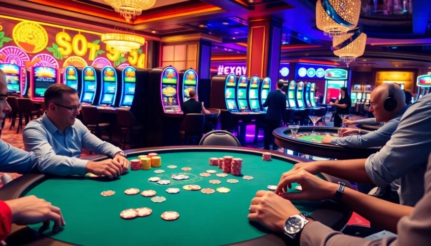 Players enjoying a thrilling poker game at 789P casino surrounded by vibrant slot machines.