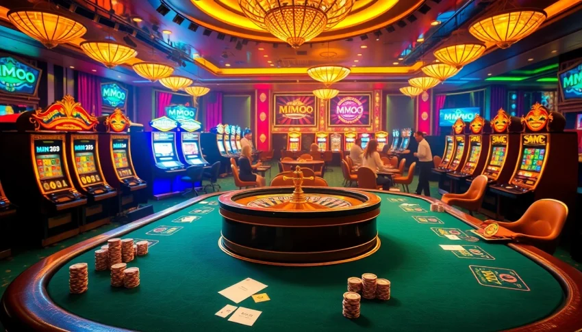 MMOO players engaged at high-stakes casino tables, with vibrant lights and thrilling atmosphere.