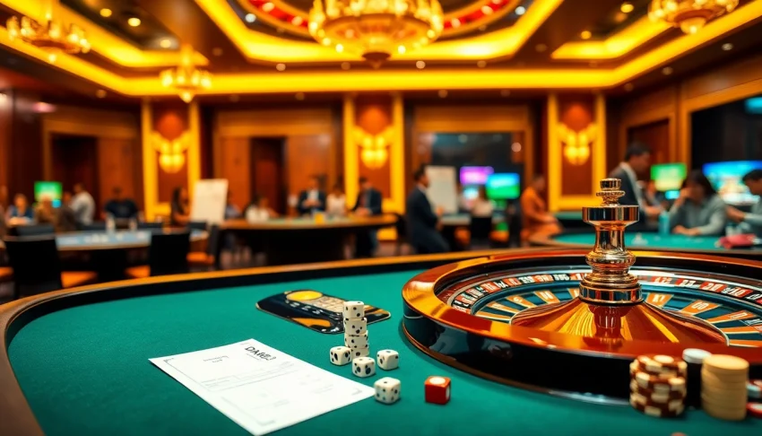 Exciting gaming action at da88 trang chủ with poker chips, roulette wheel, and vibrant casino atmosphere.