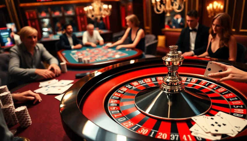 Experience the excitement of casino gaming at https://fly88h.com/ with a roulette table and eager players.
