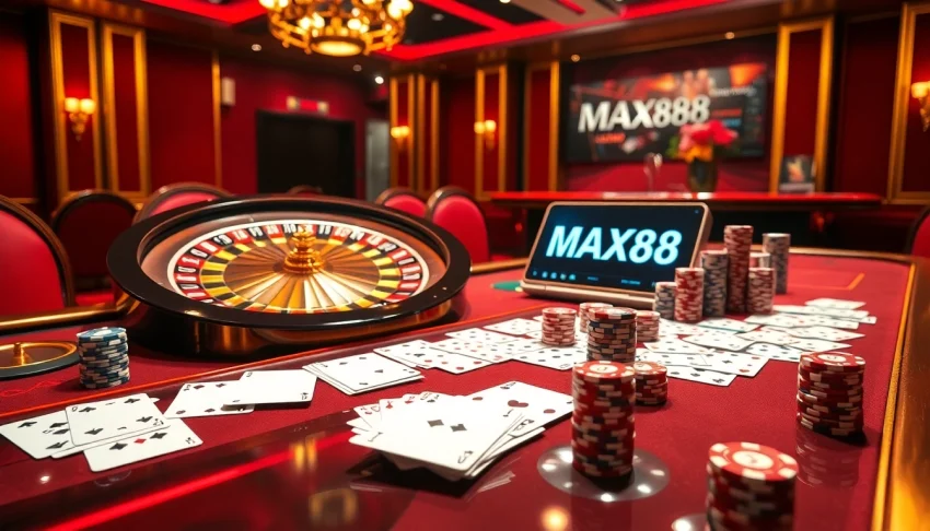Experience the allure of gambling with MAX88's vibrant casino scene featuring roulette and poker elements.