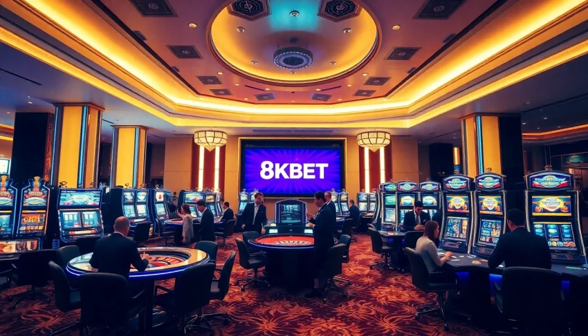 Experience immersive gameplay at 8KBET’s luxurious casino with vibrant slot machines and poker tables.
