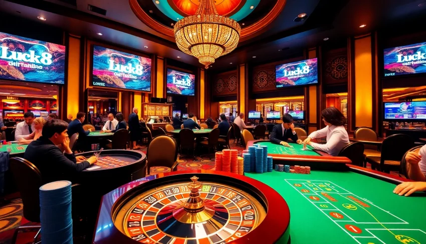 Luck8 casino scene showcasing roulette and poker games with vibrant energy and professional ambiance.