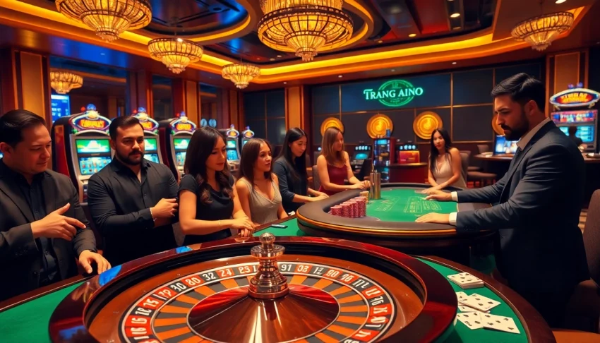 Excited players engaging at du88 trang chủ casino table with roulette, poker chips, and cards.