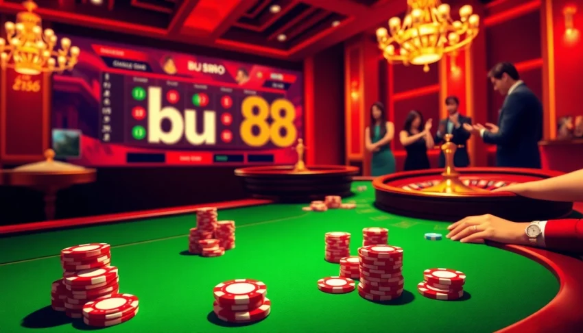 Experience the excitement of bu88 trang chủ with a vibrant casino scene featuring poker chips and a roulette wheel.