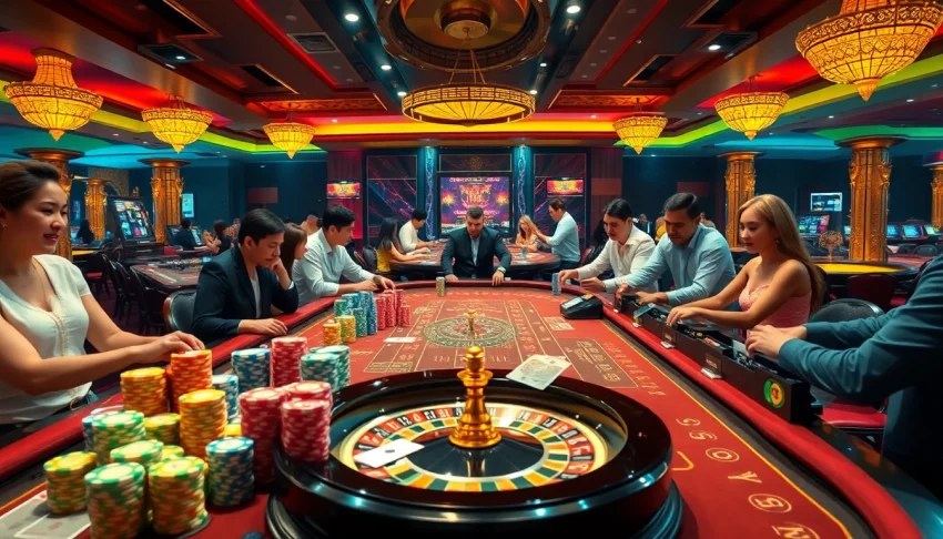 Gambling scene featuring players at a QQ88 casino table with cards and chips showcasing excitement and luxury.