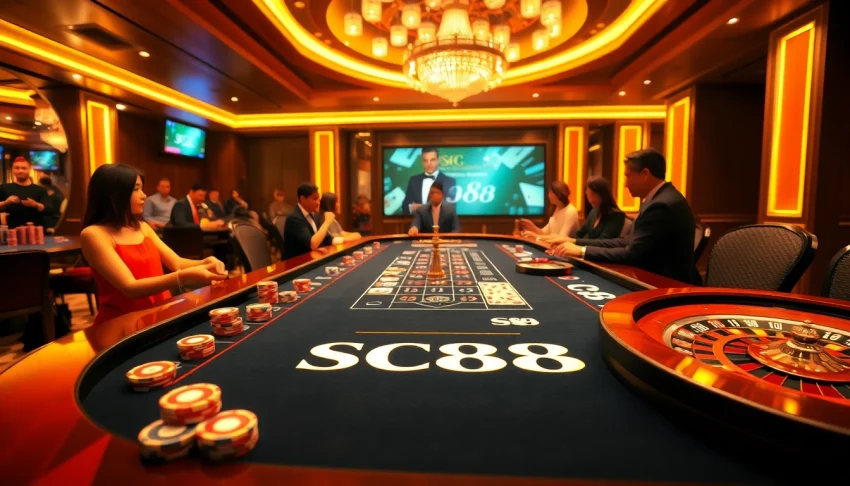 Engaging SC88 casino scene showcasing players at a roulette table with vibrant chips and cards.
