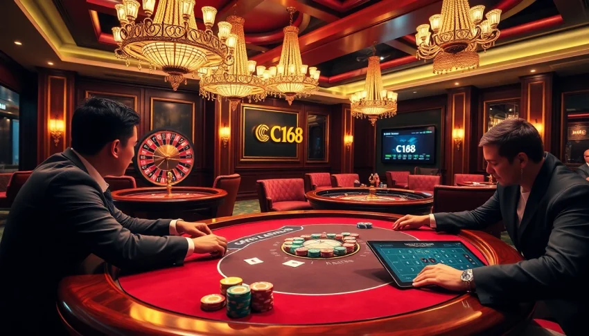 Players enjoying a high-stakes poker game at C168 Casino, exuding luxury and excitement.