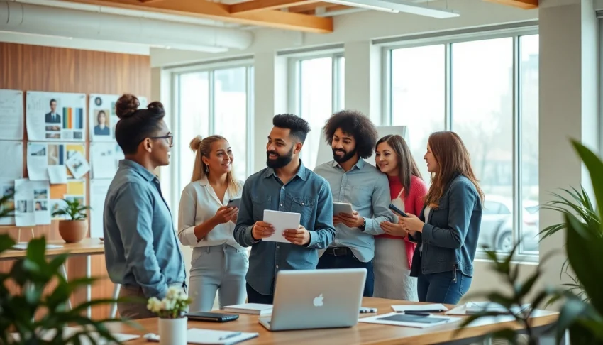 Agence de branding collaborant dans un bureau moderne, mettant en avant la créativité.