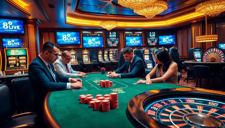 Experience the thrill of gambling at 8LIVE with engaging casino action including poker and slot machines.