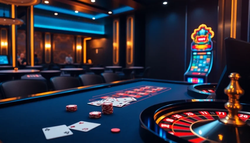 DABET trang chủ showcases immersive online gaming with stylish casino tables and vibrant slot machines.