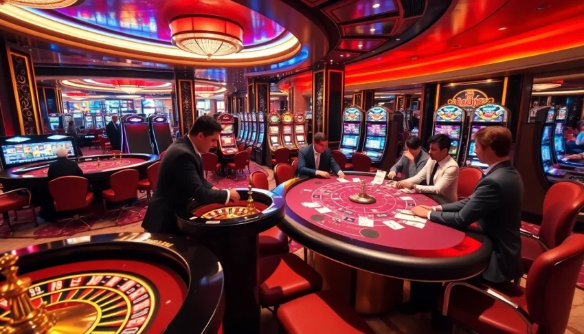 Action-packed gambling scene at RED88, showcasing a vibrant poker game with professional players and spinning roulette wheel.