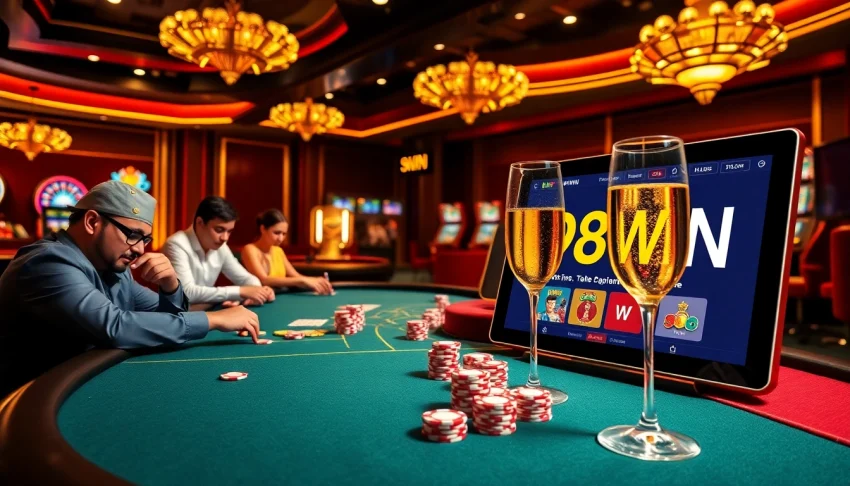 Experience thrilling casino action at 98WIN with poker tables, roulette wheels, and vibrant slot machines.