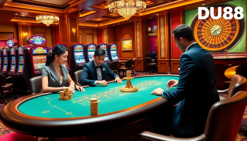 Players engage in a thrilling DU88 casino experience at an upscale poker table.