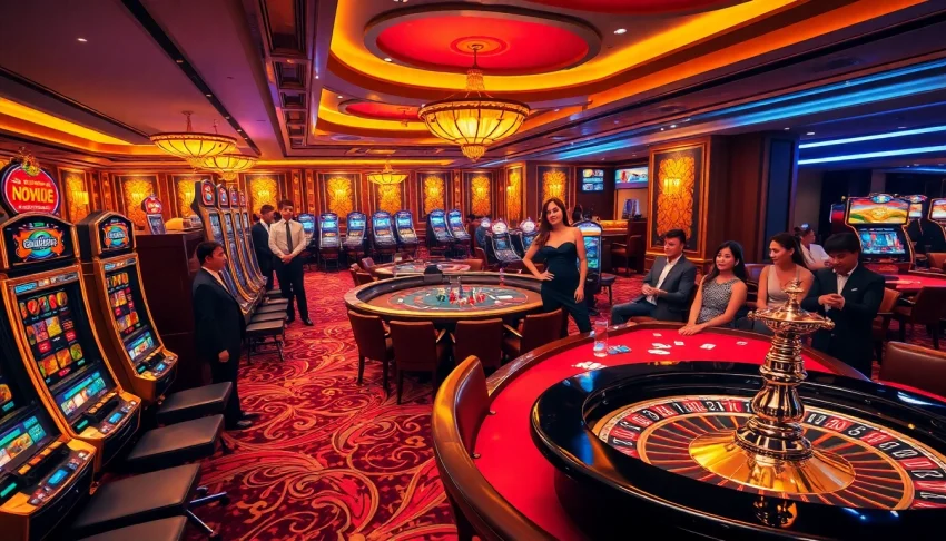Nohu90 casino scene with players enjoying slot machines and poker tables in a vibrant setting.