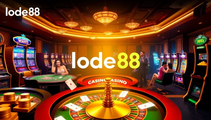 Experience the excitement of lode88 trang chủ with vibrant casino elements, including tables, cards, and roulette wheels.
