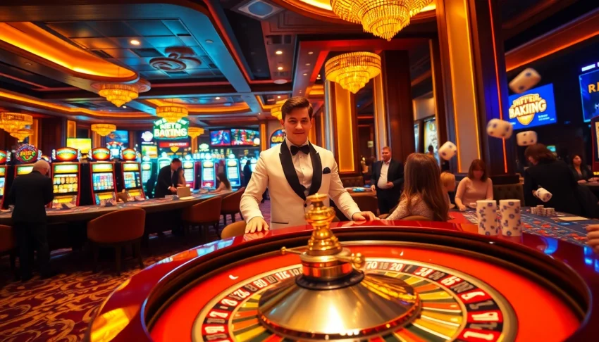 Players enjoying the excitement of SKY88 at a luxurious casino table with vibrant slot machines.