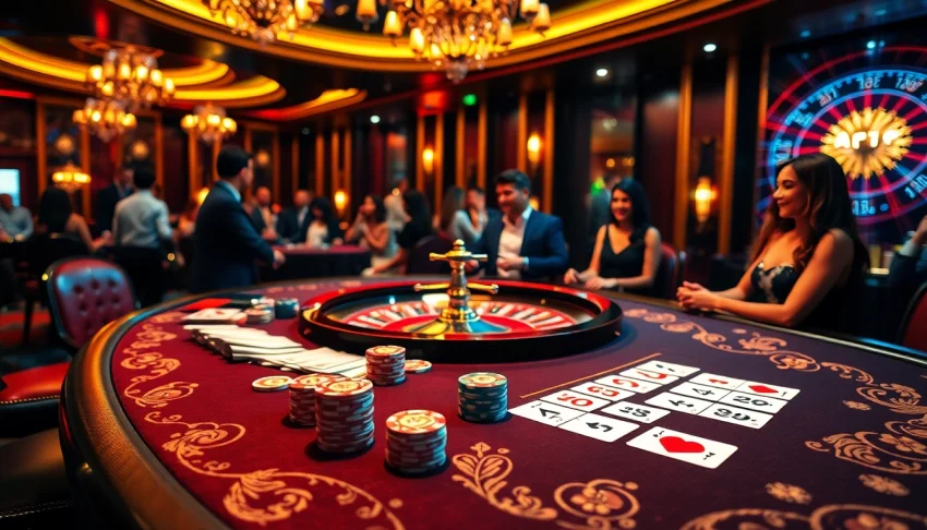 An engaging casino scene showcasing poker and roulette experiences at https://leo881.com/ featuring excited players and colorful chips.