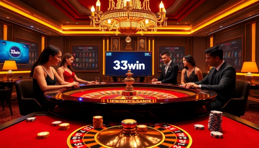 Exciting roulette gameplay showcasing 33win brand with vibrant poker chips and cards.